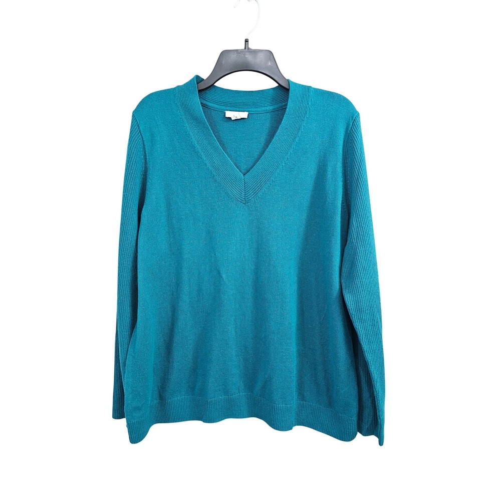 J. Jill Teal V-Neck Ribbed Cotton Blend Lightweight Sweater SSW301521 Women L‎